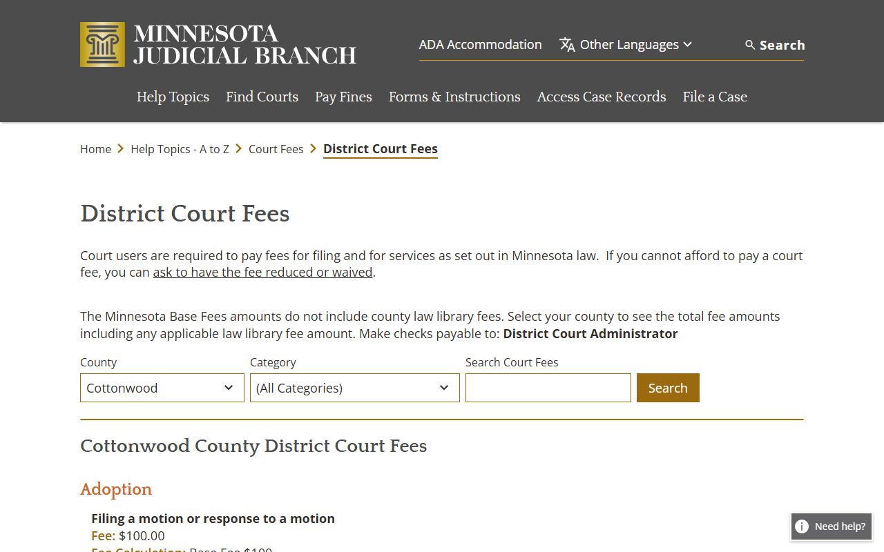 Cottonwood County court records fee schedule