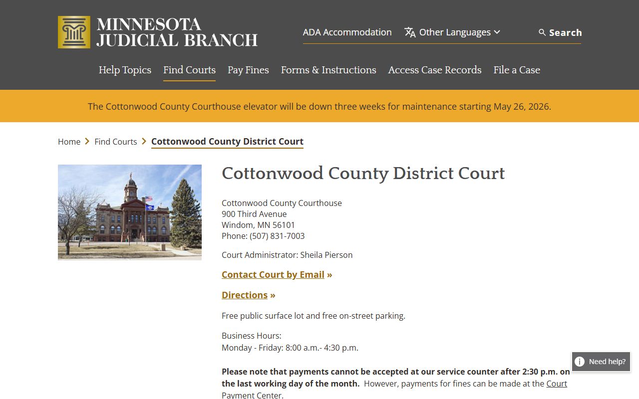 Cottonwood County court records District Court page