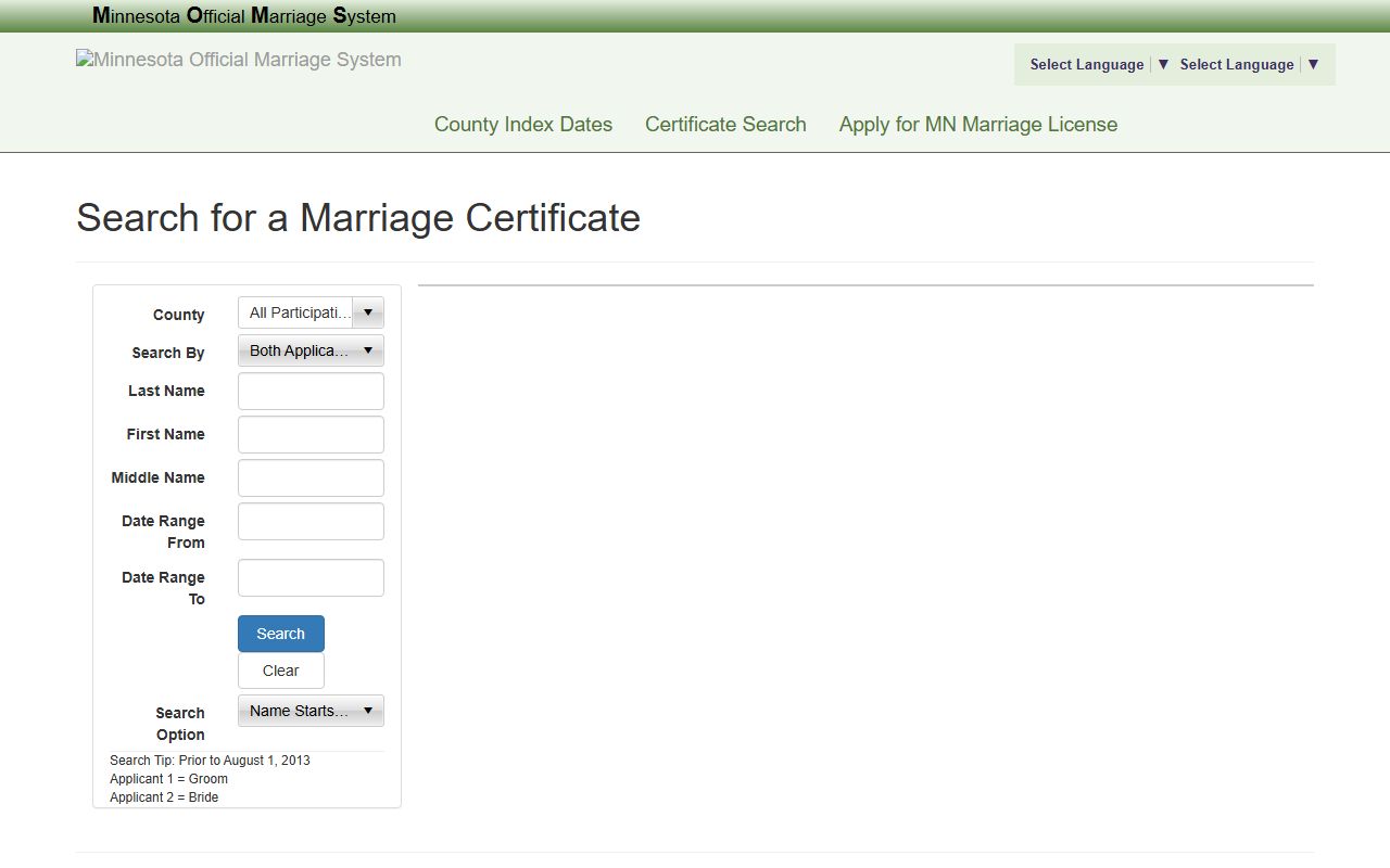 Cottonwood County marriage records MOMS search fields
