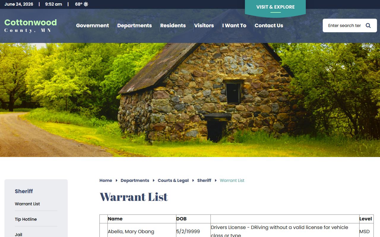 Cottonwood County warrant search fields warrant list table